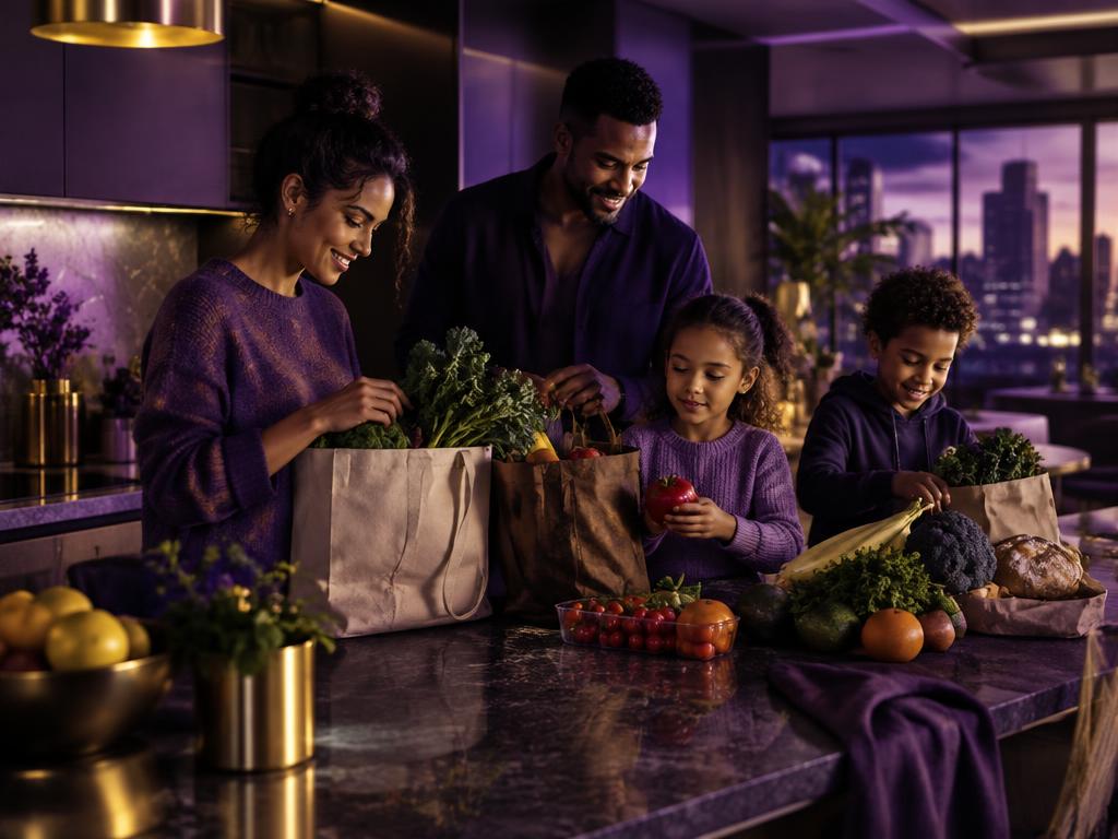 A family unpacking fresh groceries together