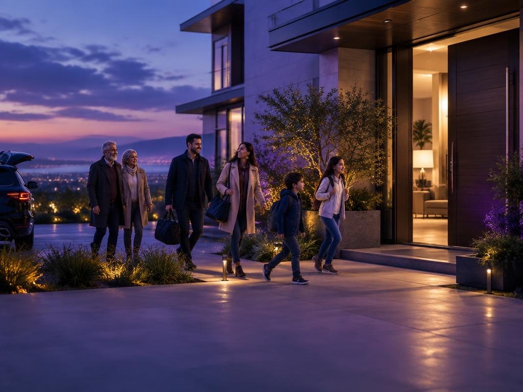 A family arriving at their home